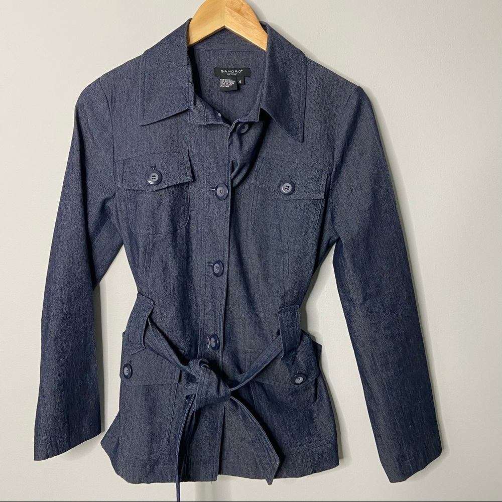 Sandro Belted jacket blue chambray long sleeve S NWOT